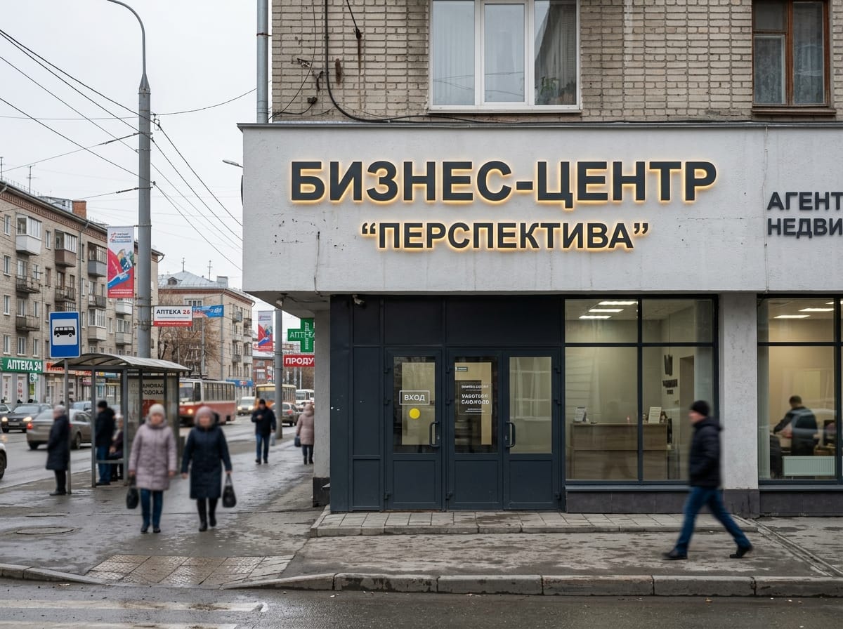 Тёмно-серые объёмные буквы на светлом фасаде офисного здания с контражурной подсветкой