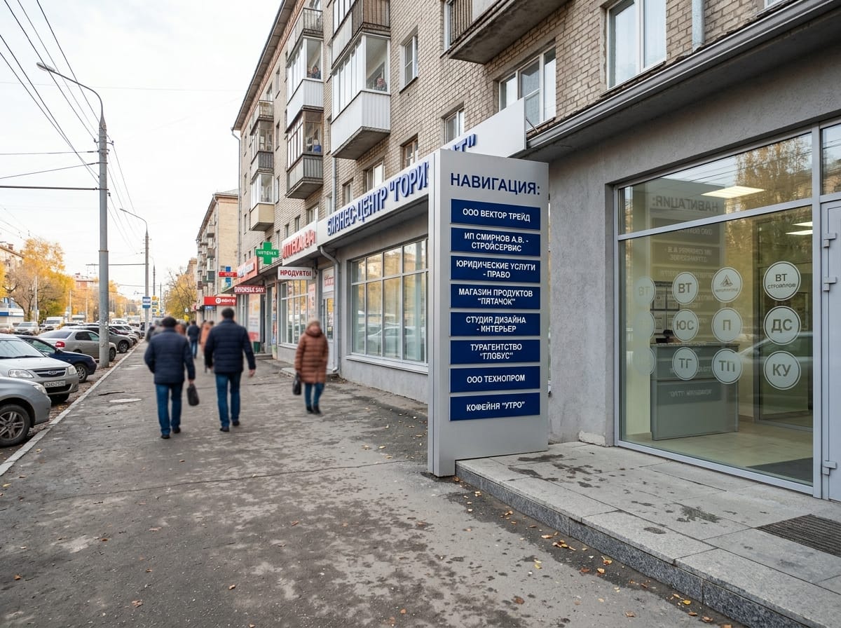 Информационный пилон и ряд одинаковых вывесок арендаторов на фасаде бизнес-центра