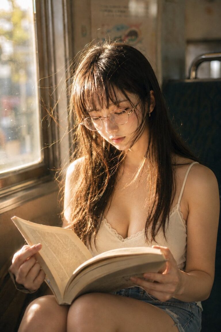 Промпт для фото: женщина читает книгу в электричке
