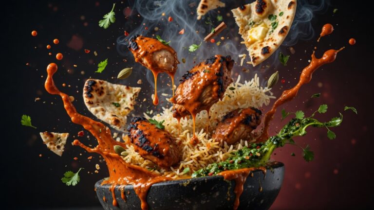 Промпт для нейросети: Динамичный взрыв индийского блюда Butter Chicken