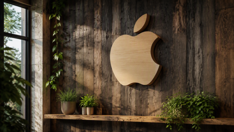 Промпт для фото: интерьер с логотипом Apple на деревянной стене