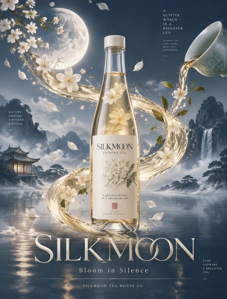 Промпт для генерации изображений: постер чая SilkMoon