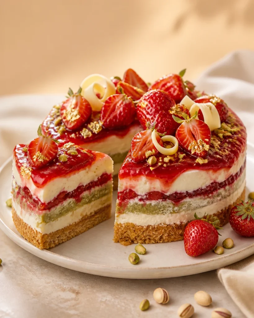 Промпт для фото: роскошный чизкейк с клубникой и фисташками