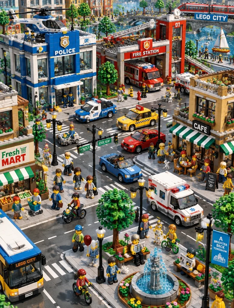 Промпт для генерации изображений: оживший город из конструктора Lego