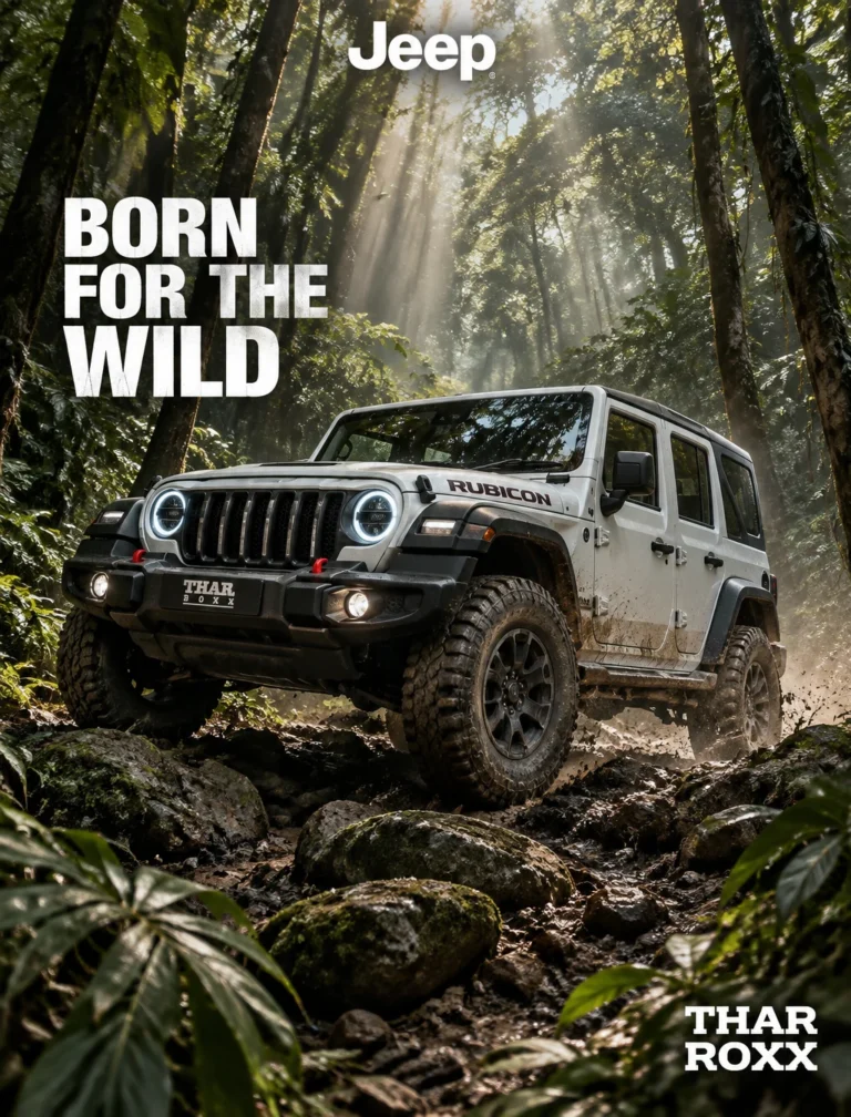 Промпт для фото: Jeep в тропическом лесу на бездорожье