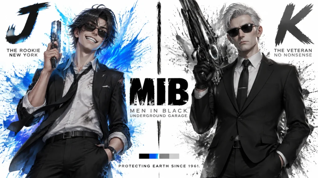 Промпт для генерации изображений: киберпанк-стиль MIB J vs K