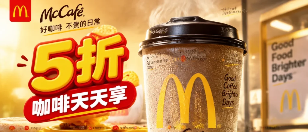 Промпт для фото: реклама кофе McCafé с акцентом на скидку