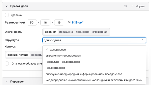 Список «Структура» в секции доли: однородная, неоднородная, диффузно-неоднородная с формированием псевдоузлов и другие варианты