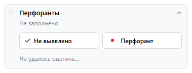 Карточка пункта «Перфоранты» в редакторе Sumuhar: кнопки «Не выявлено», «Перфорант» и «Не удалось оценить…»
