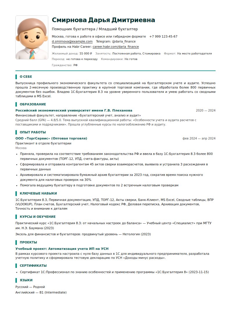 образец резюме Помощник бухгалтера 2026 - скачать шаблон doc pdf