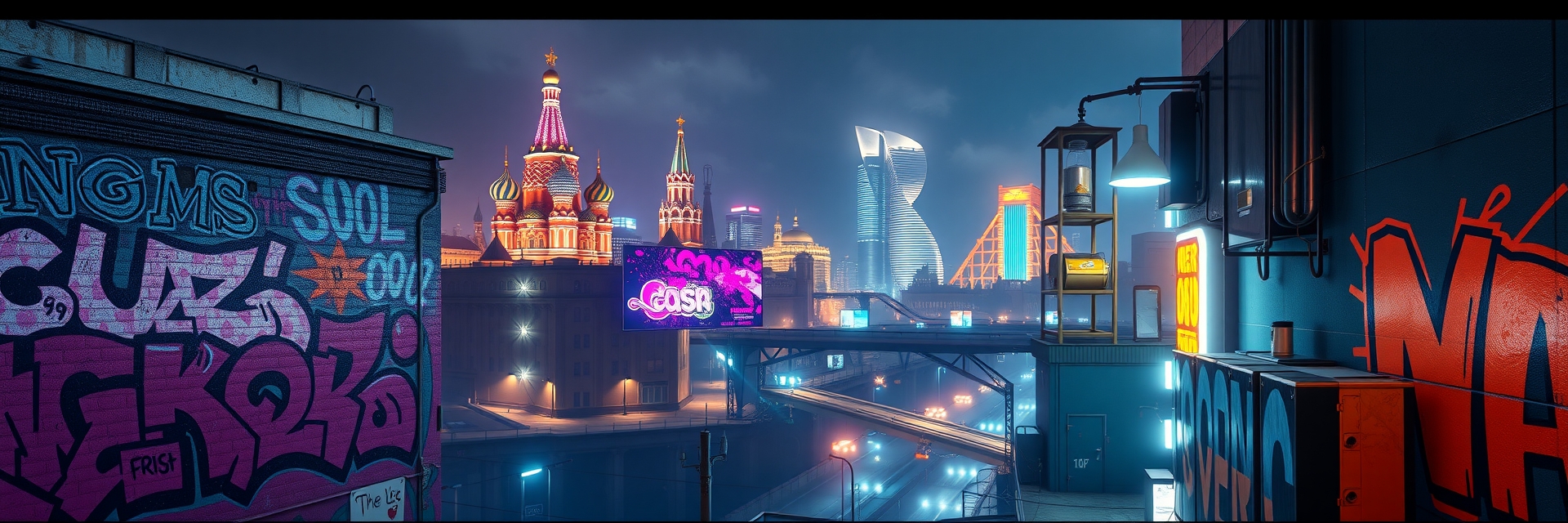 Москва неоновая в стиле граффити и уличного дизайна