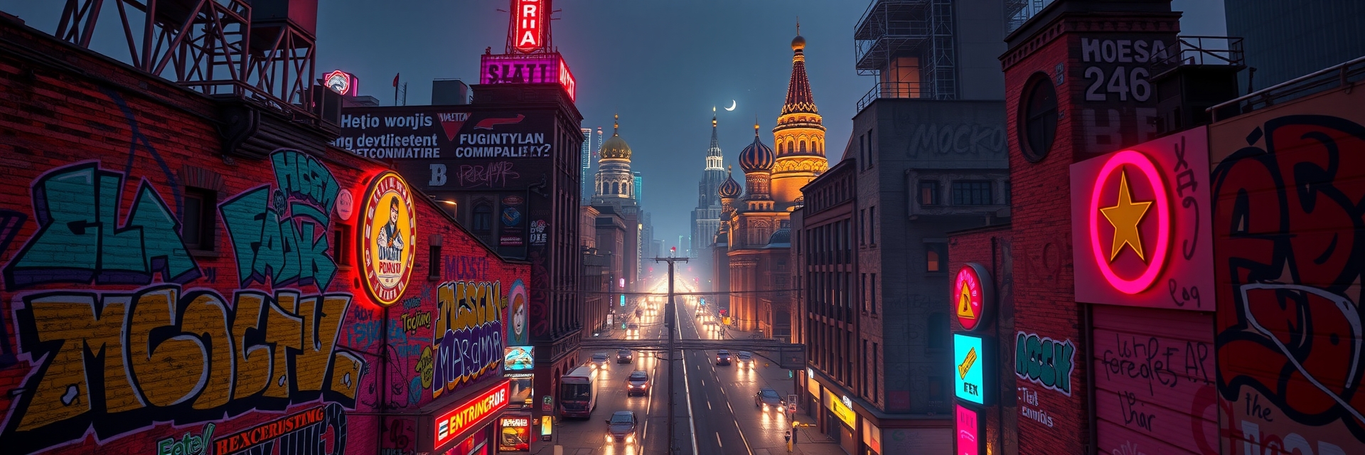 Москва неоновая в стиле граффити и уличного дизайна