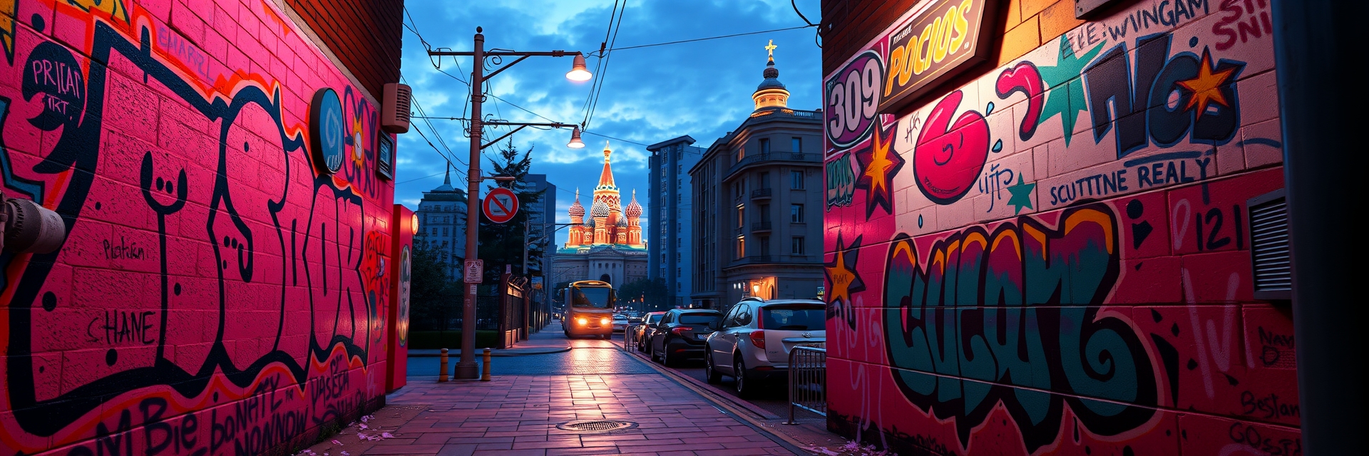 Москва неоновая в стиле граффити и уличного дизайна