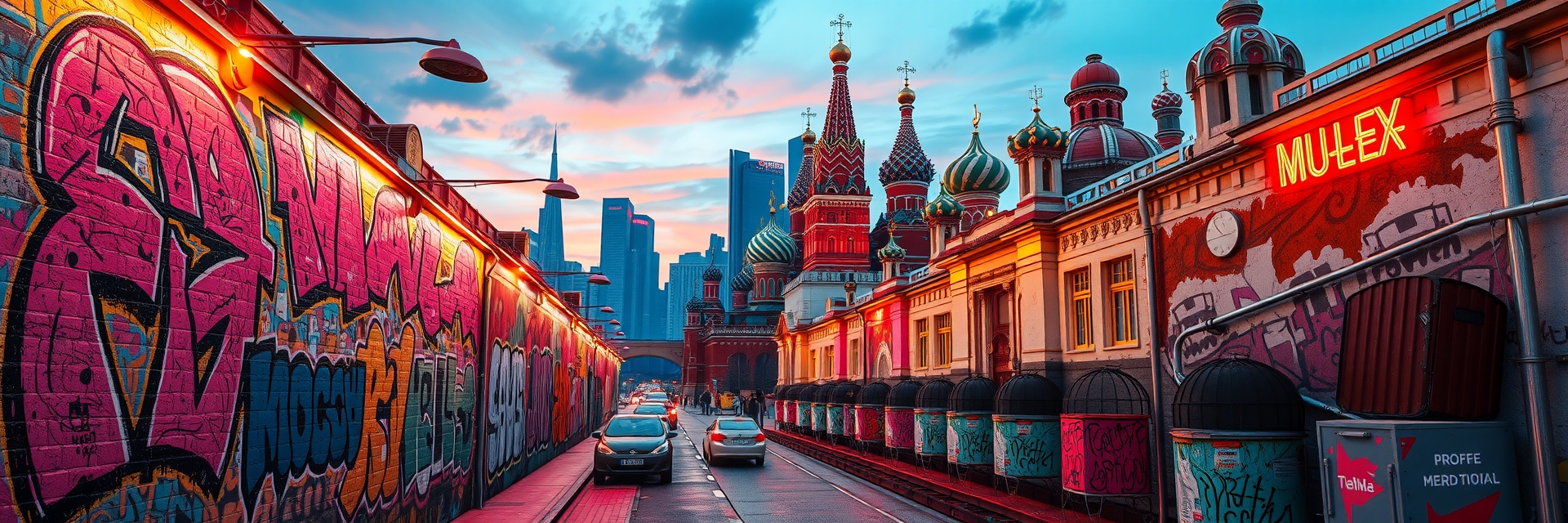 Москва неоновая в стиле граффити и уличного дизайна