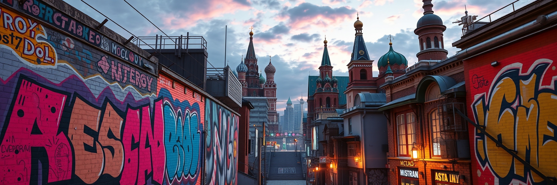 Москва неоновая в стиле граффити и уличного дизайна