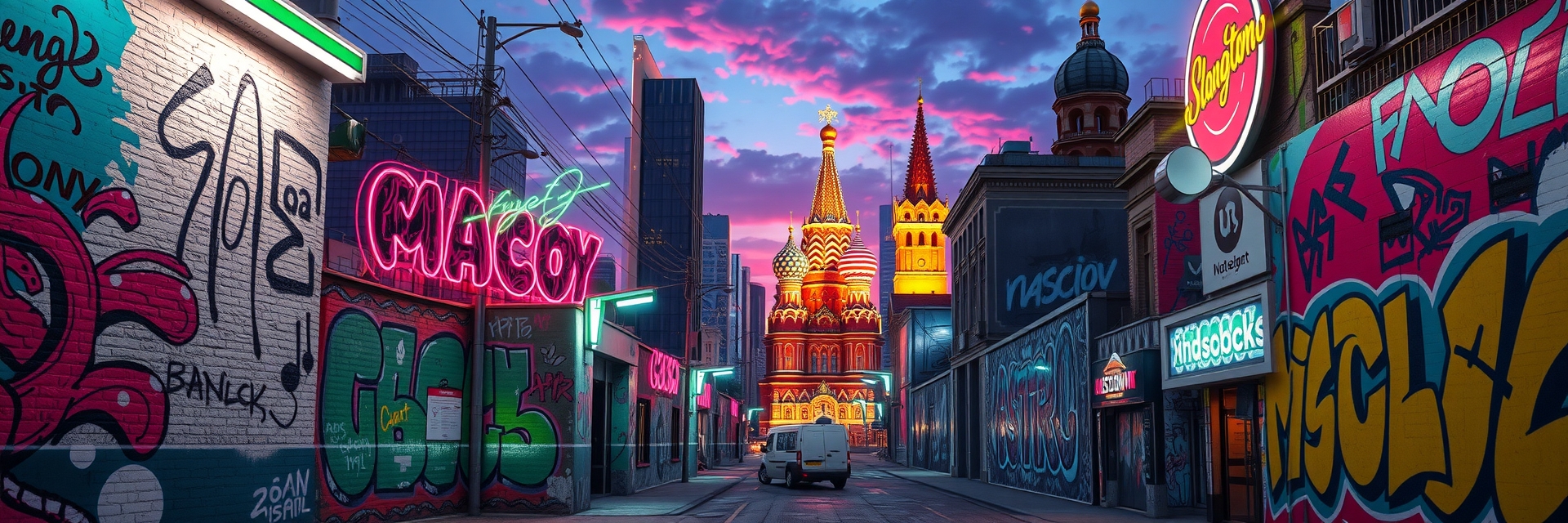 Москва неоновая в стиле граффити и уличного дизайна