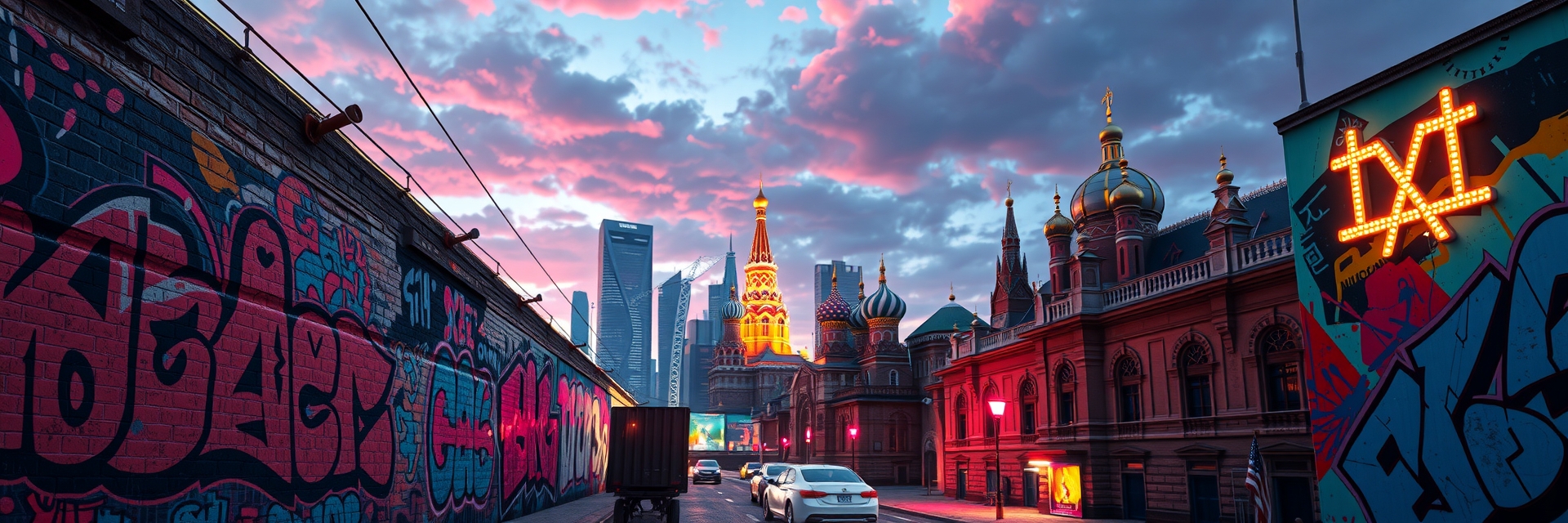 Москва неоновая в стиле граффити и уличного дизайна
