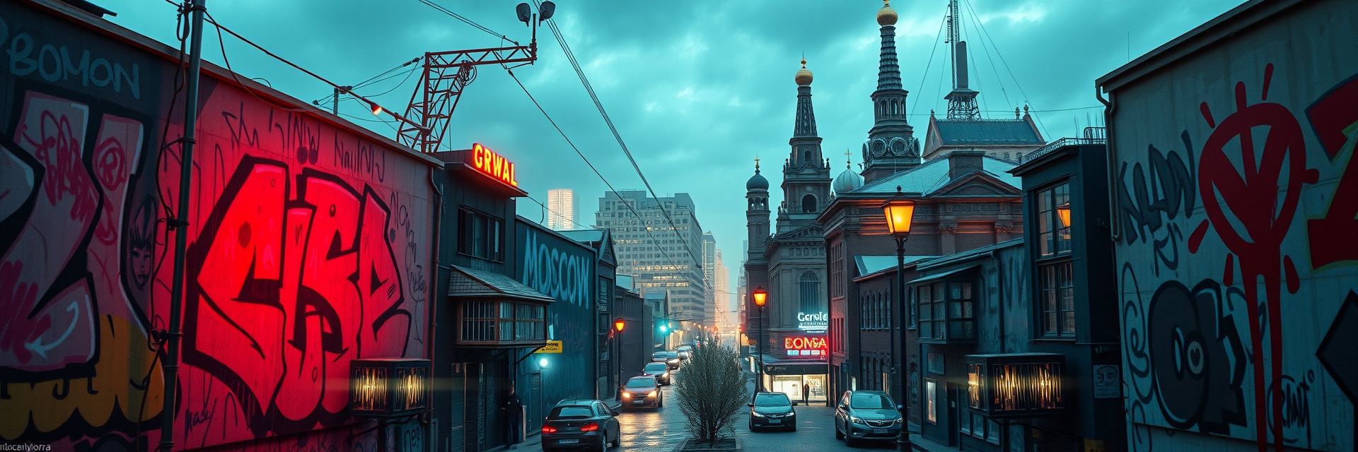Москва неоновая в стиле граффити и уличного дизайна
