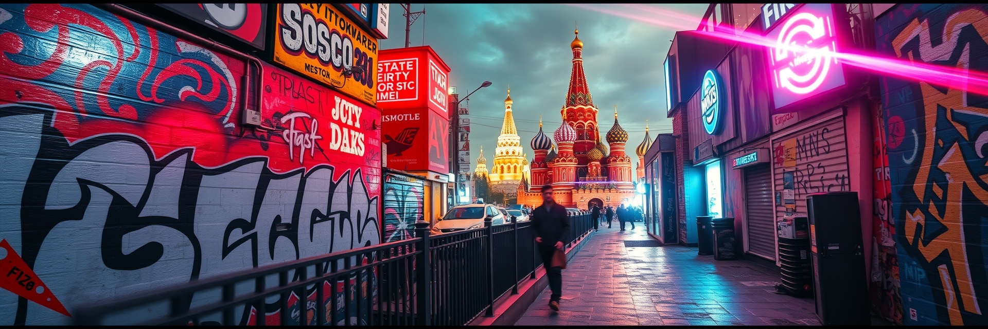 Москва неоновая в стиле граффити и уличного дизайна