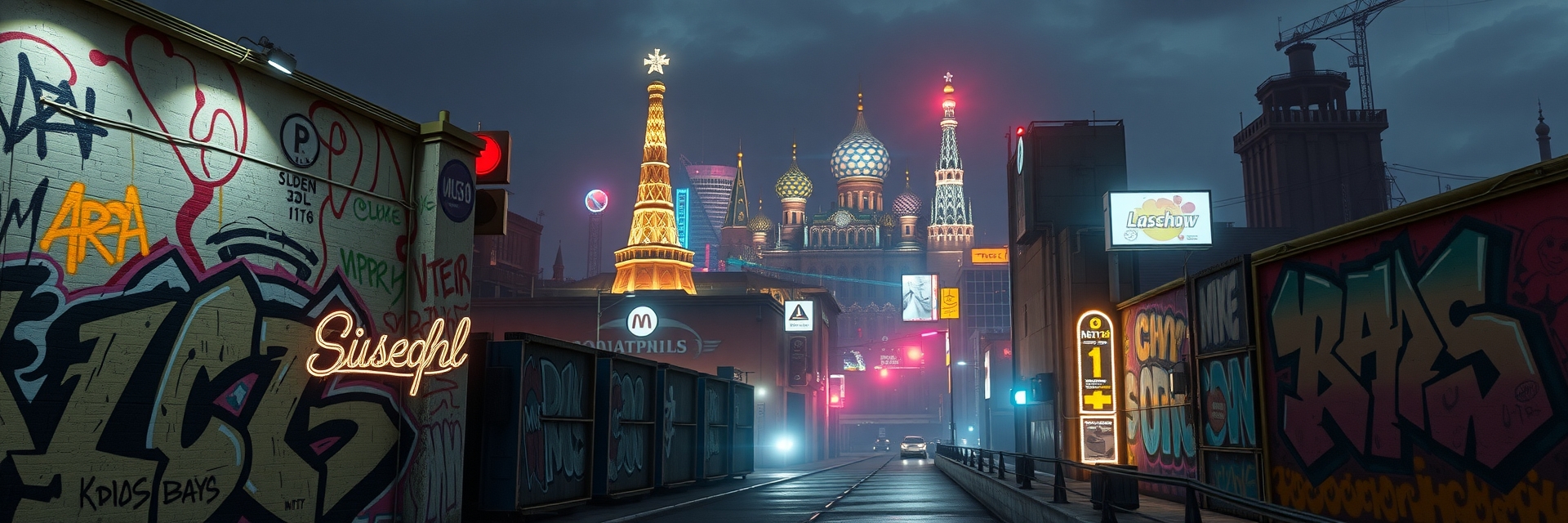 Москва неоновая в стиле граффити и уличного дизайна