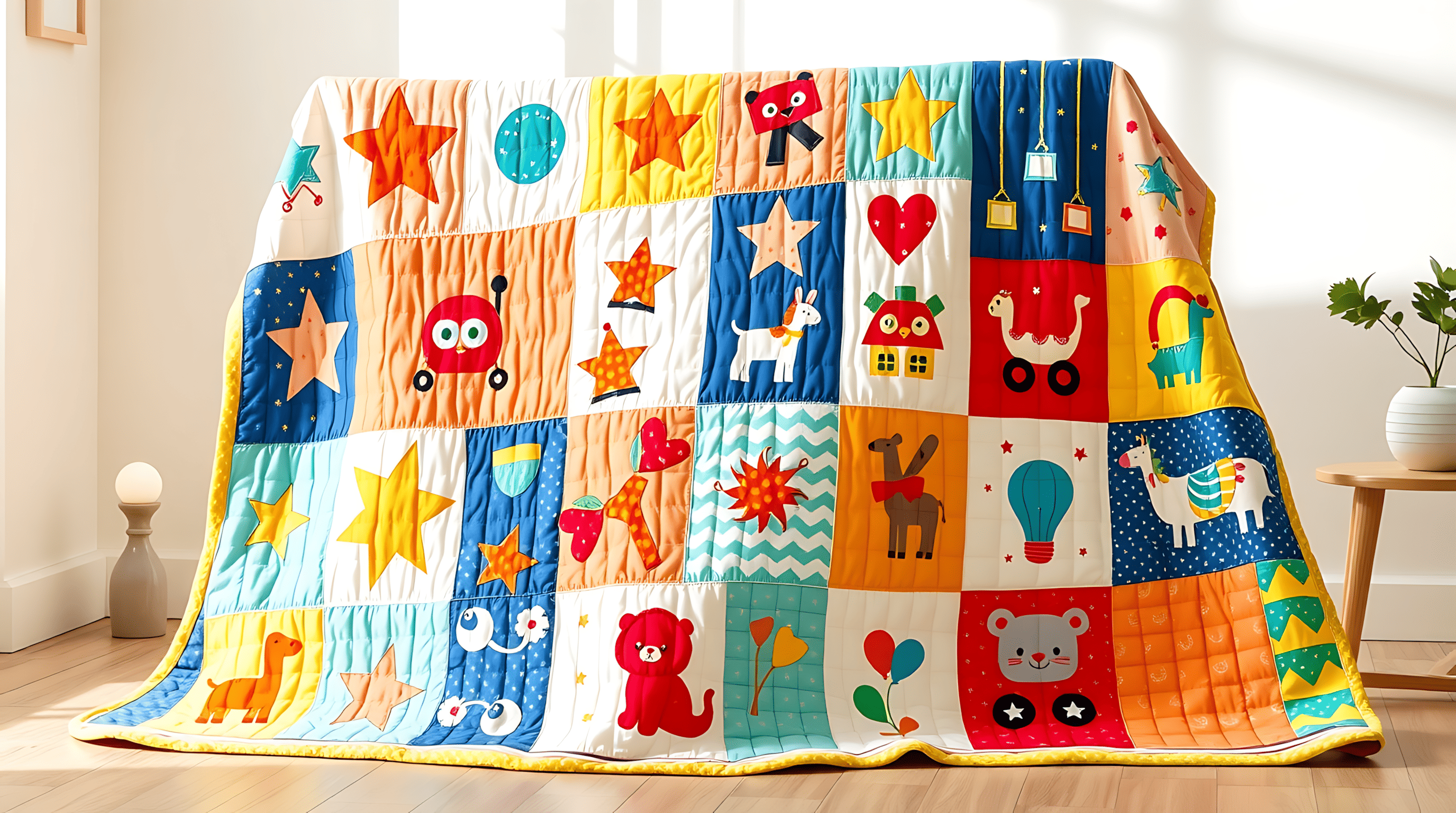 Детское одеяло в стиле пэчворк: лоскутное тепло, дизайн и душа. Создано ИИ для сайта Aifoto.ru дизайнером Slavin912Art