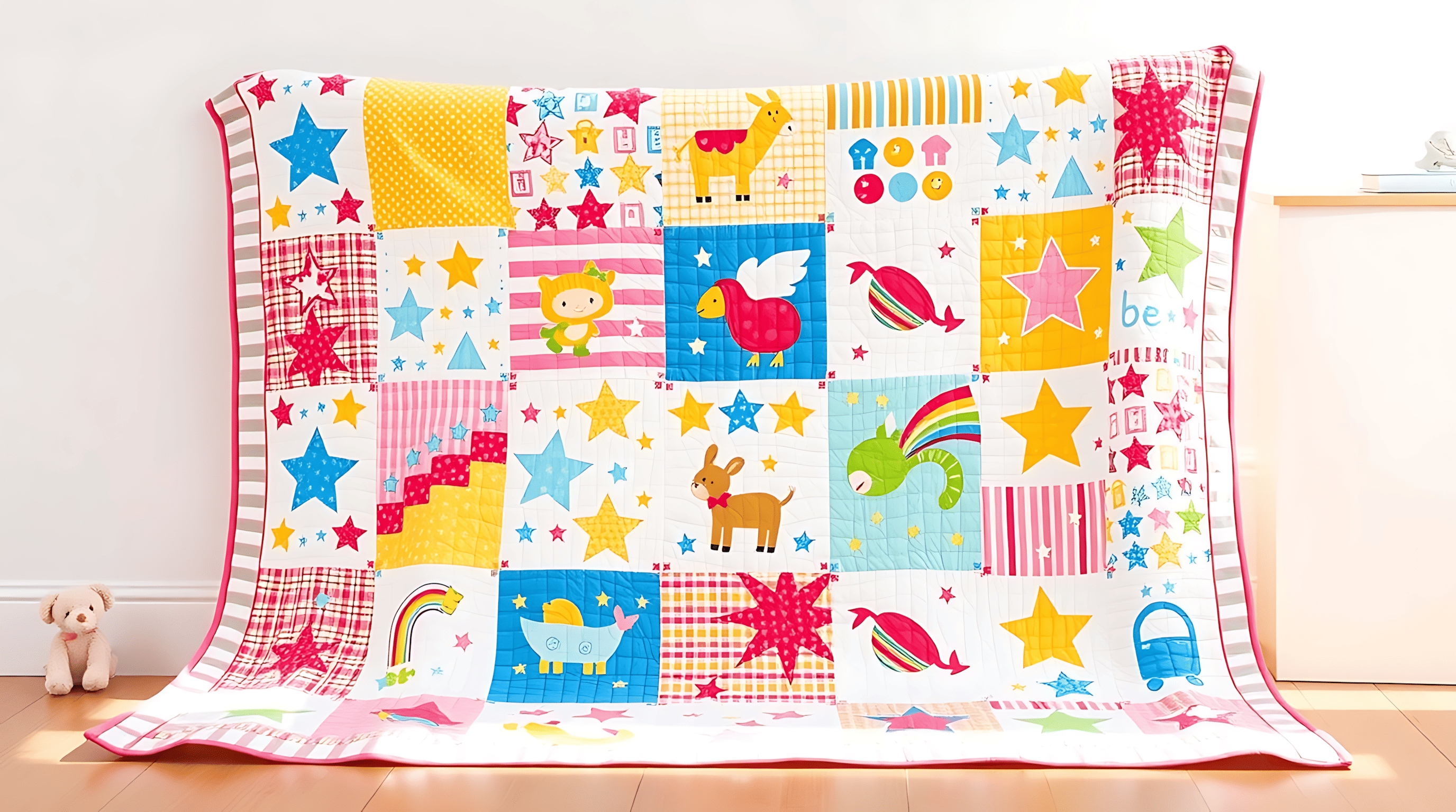 Детское одеяло в стиле пэчворк: лоскутное тепло, дизайн и душа. Создано ИИ для сайта Aifoto.ru дизайнером Slavin912Art