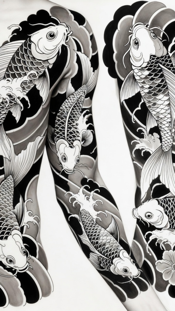 Эскиз тату рыба на фоне вода в стиле япония для рука