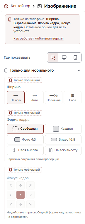Мобильный вид: подсказка и раздел «Только для мобильного» у изображения