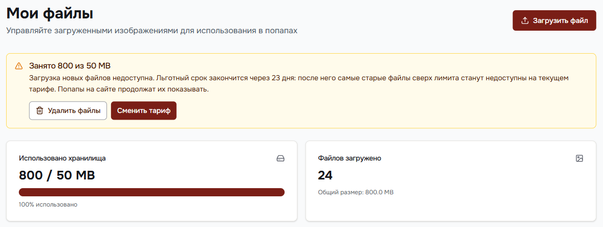 Раздел «Мои файлы»: предупреждение «Занято 800 из 50 MB» с отсчётом дней и кнопками «Удалить файлы» и «Сменить тариф»