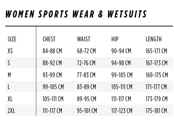 Размерная сетка Jobe Women Sports Wear & Wetsuits