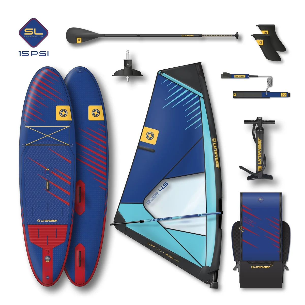 Доска SUP надувная компл. +парус Unifiber 23 Oxygen iWindSup SL 10'7" & Compact 2.5 Rig Paddle Leash