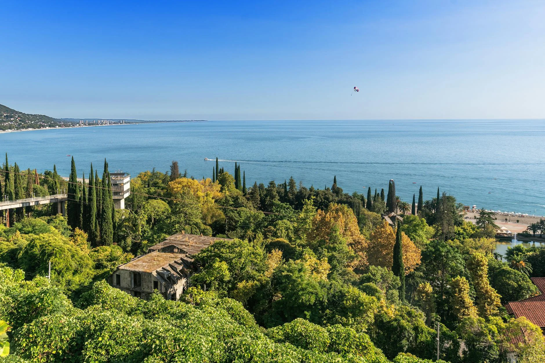 Beautiful coastal landscape with lush trees, distant city skyline, and serene ocean view.