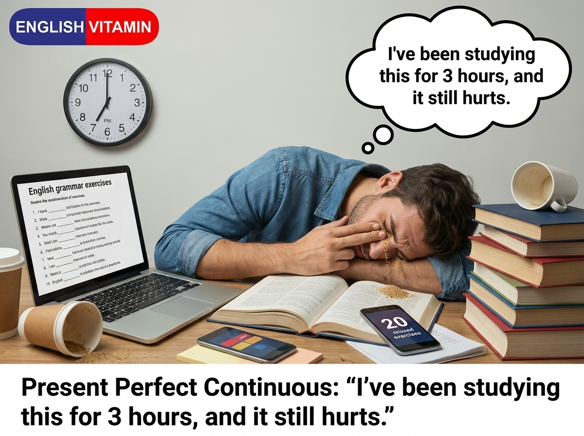 Present Perfect Continuous: «Я учу это 3 часа, и мне до сих пор больно»