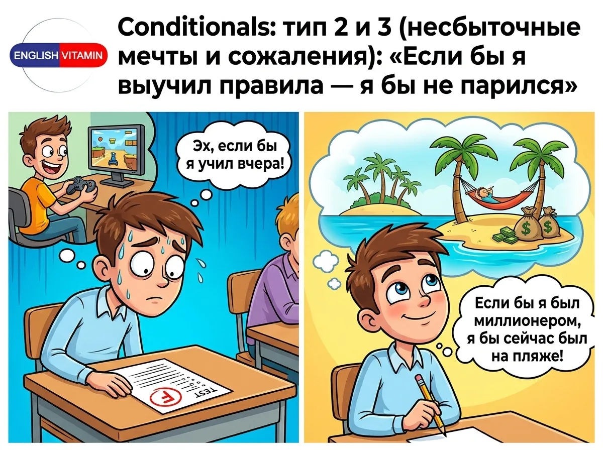 Conditionals: тип 2 и 3 (несбыточные мечты и сожаления): «Если бы я выучил правила — я бы не парился»