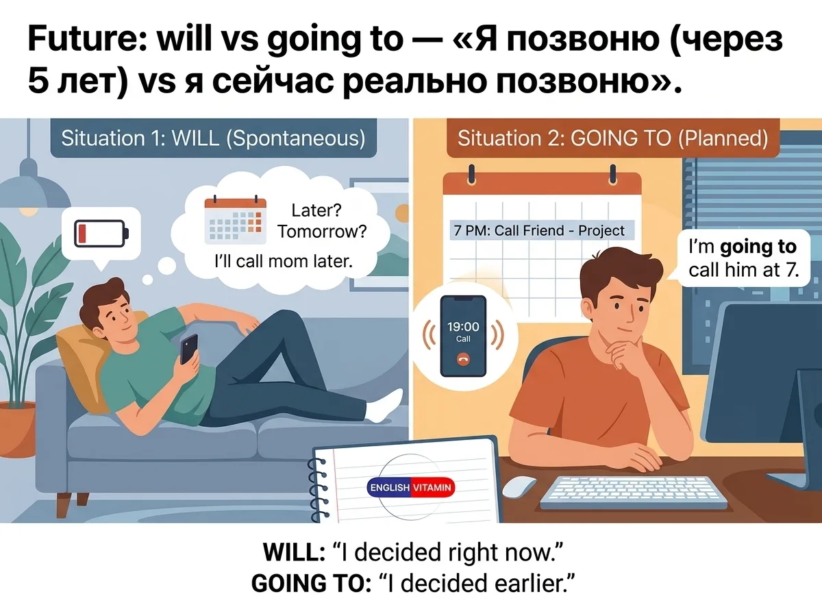 Future: will vs going to — «Я позвоню (через 5 лет) vs я сейчас реально позвоню»