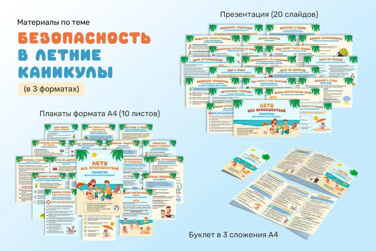 Материалы по теме»Безопасность в летние каникулы». Плакаты, буклет, презентация.