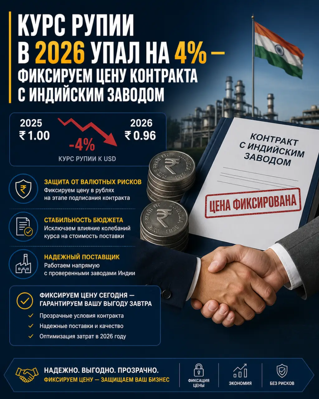 Курс рупии в 2026 упал на 4% — фиксируем цену контракта с индийским заводом