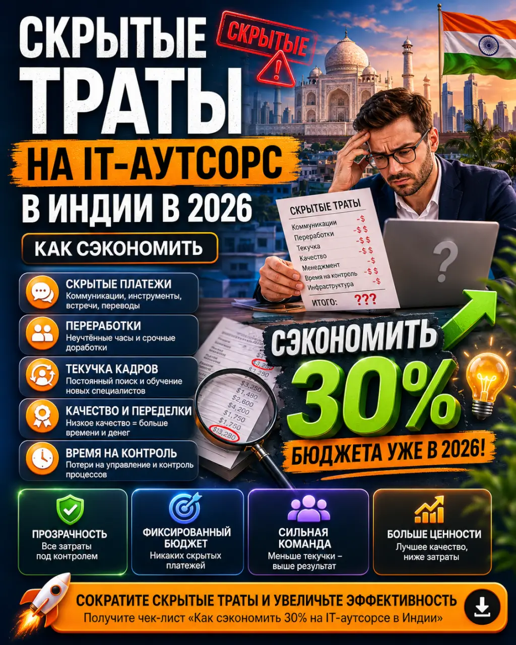 Скрытые траты на IT-аутсорс в Индии в 2026 — как сэкономить 30% бюджета