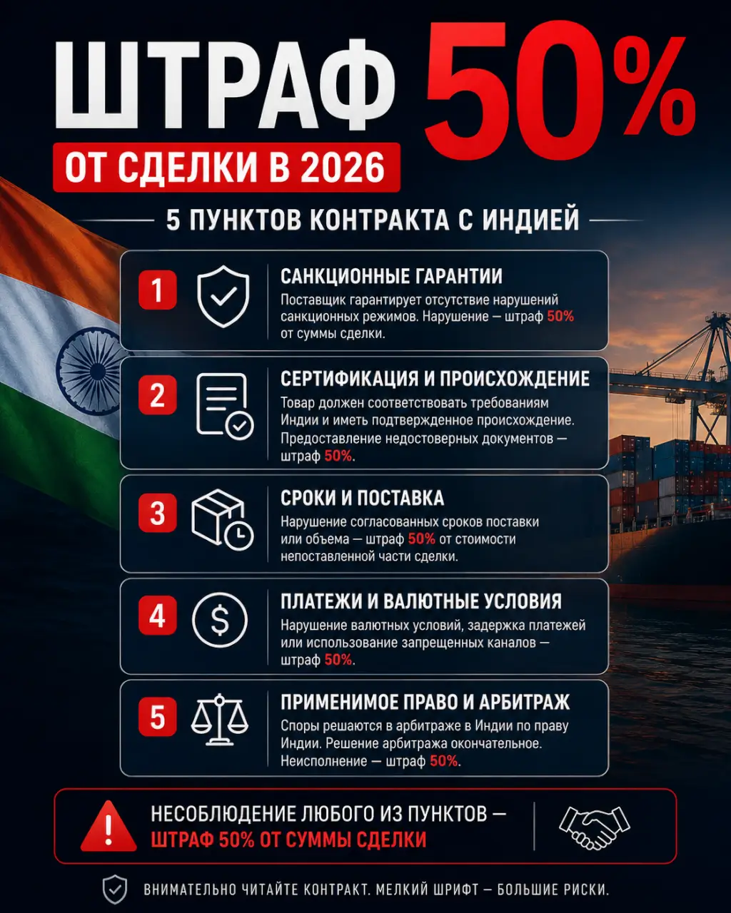Штраф 50% от сделки в 2026 — 5 пунктов контракта с Индией