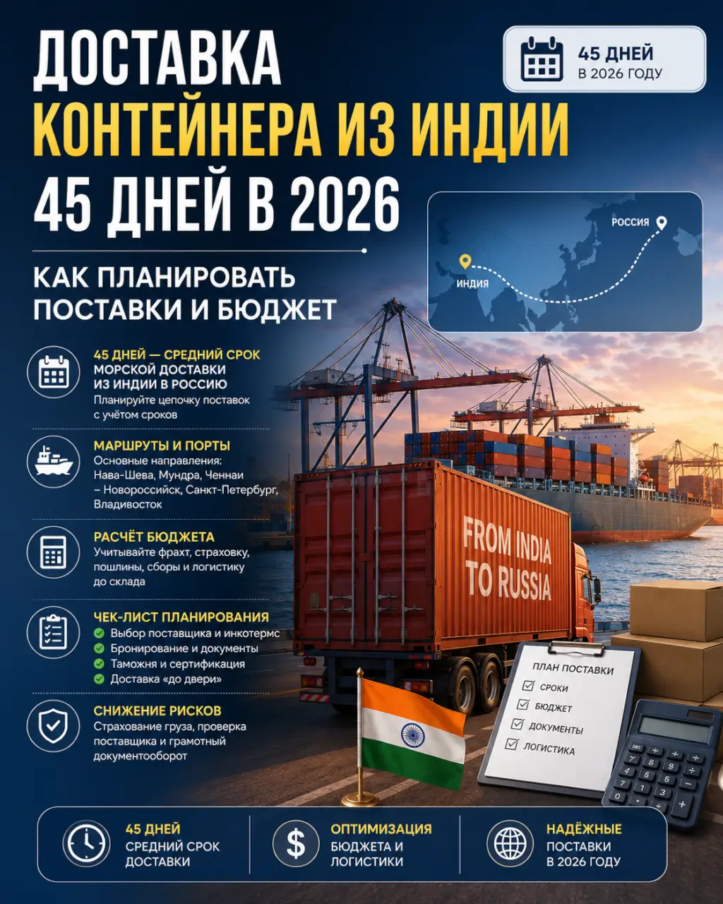 Доставка контейнера из Индии 45 дней в 2026 — как планировать поставки и бюджет