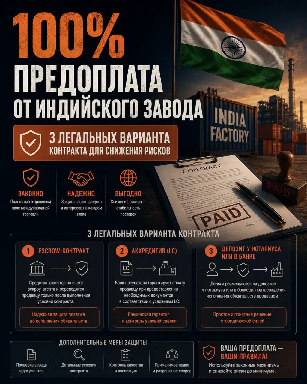 100% предоплата от индийского завода — 3 легальных варианта контракта для снижения рисков — фото 1 из 1