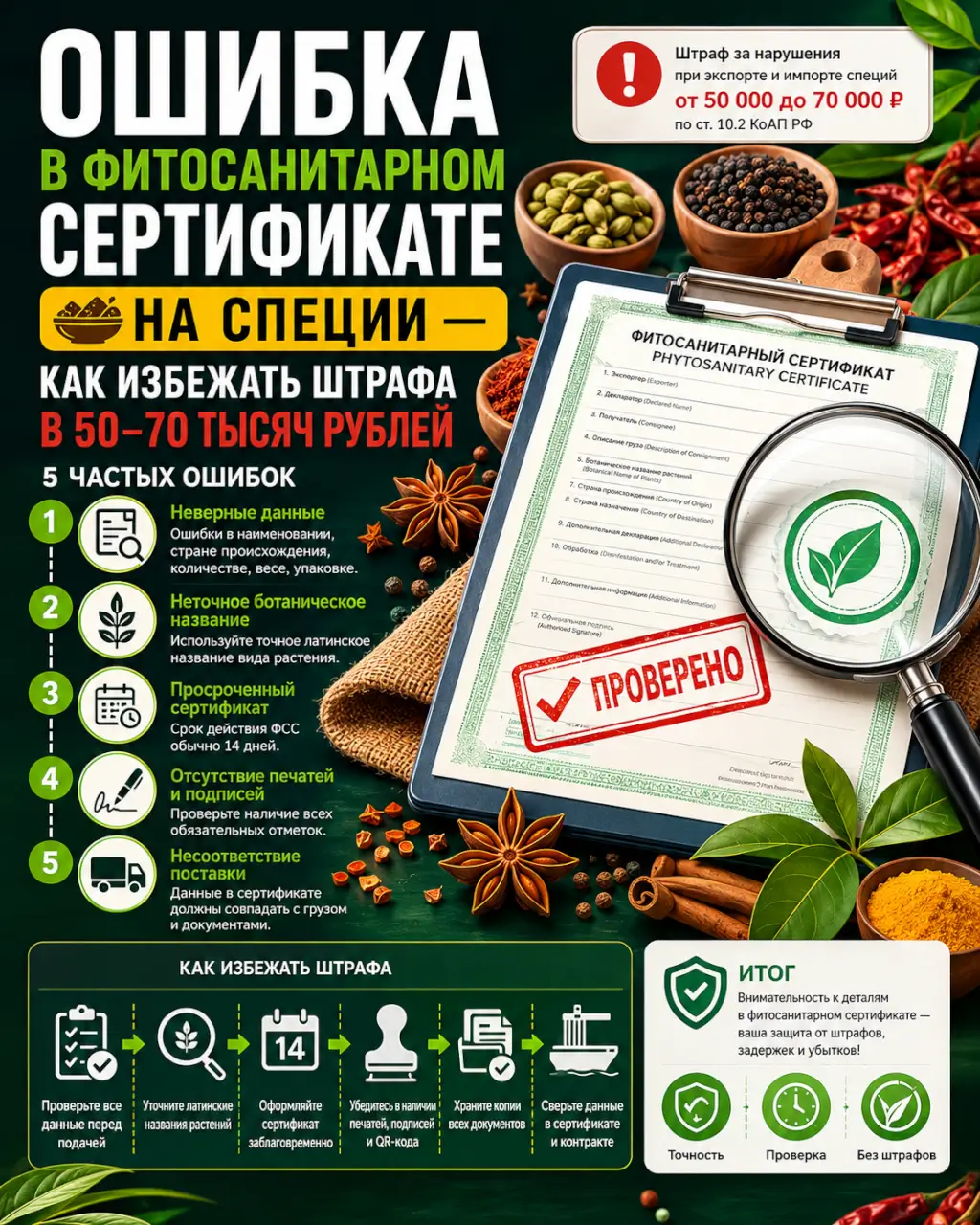 Ошибка в фитосанитарном сертификате на специи — как избежать штрафа в 50–70 тысяч рублей