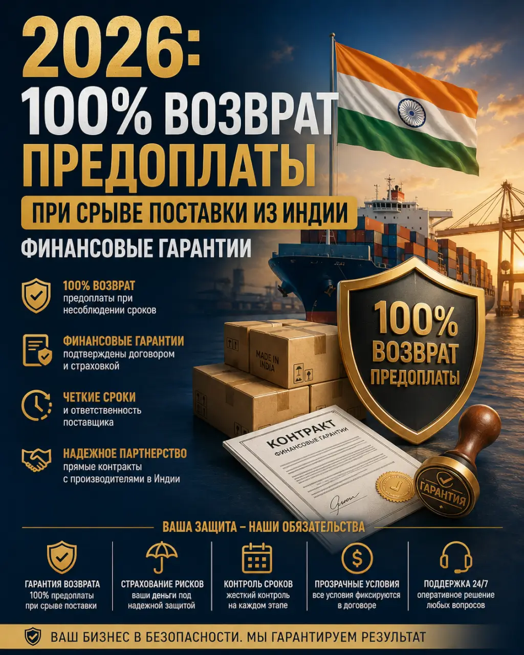 2026: 100% возврат предоплаты при срыве поставки из Индии — финансовые гарантии — фото 1 из 1