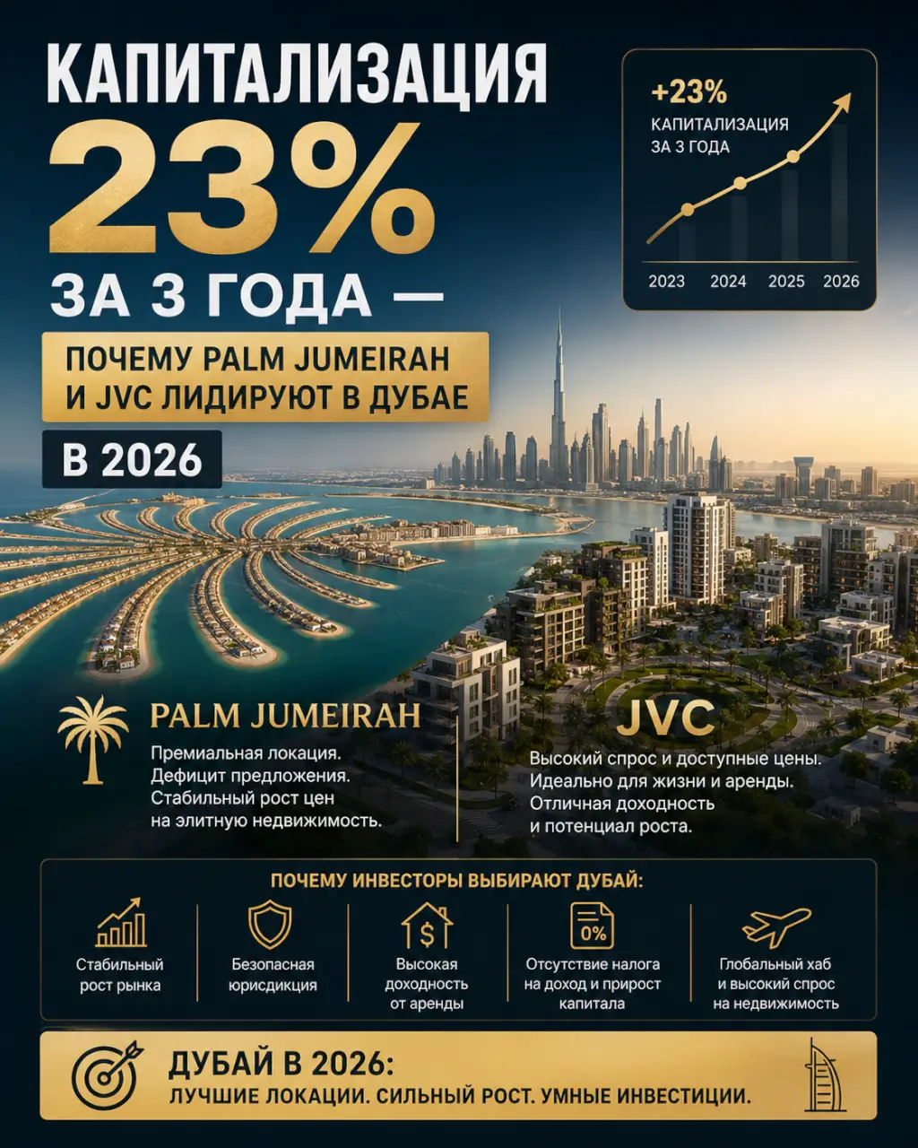 Капитализация 23% за 3 года — почему Palm Jumeirah и JVC лидируют в Дубае в 2026 — фото 1 из 1