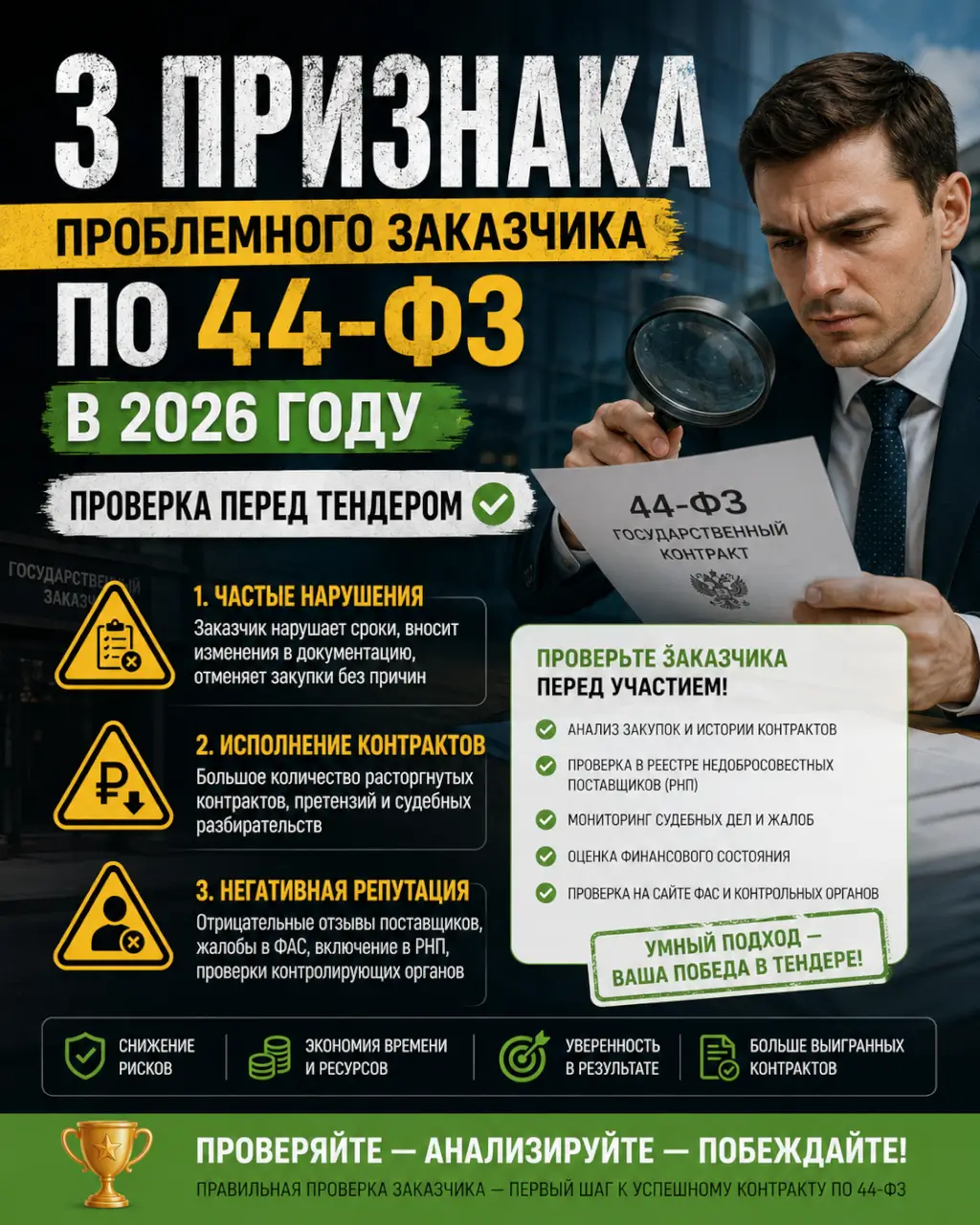 3 признака проблемного заказчика по 44-ФЗ в 2026 году — проверка перед тендером — фото 1 из 1