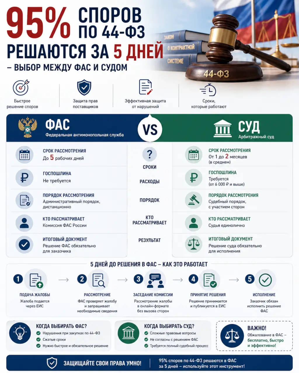 95% споров по 44-ФЗ решаются за 5 дней — выбор между ФАС и судом