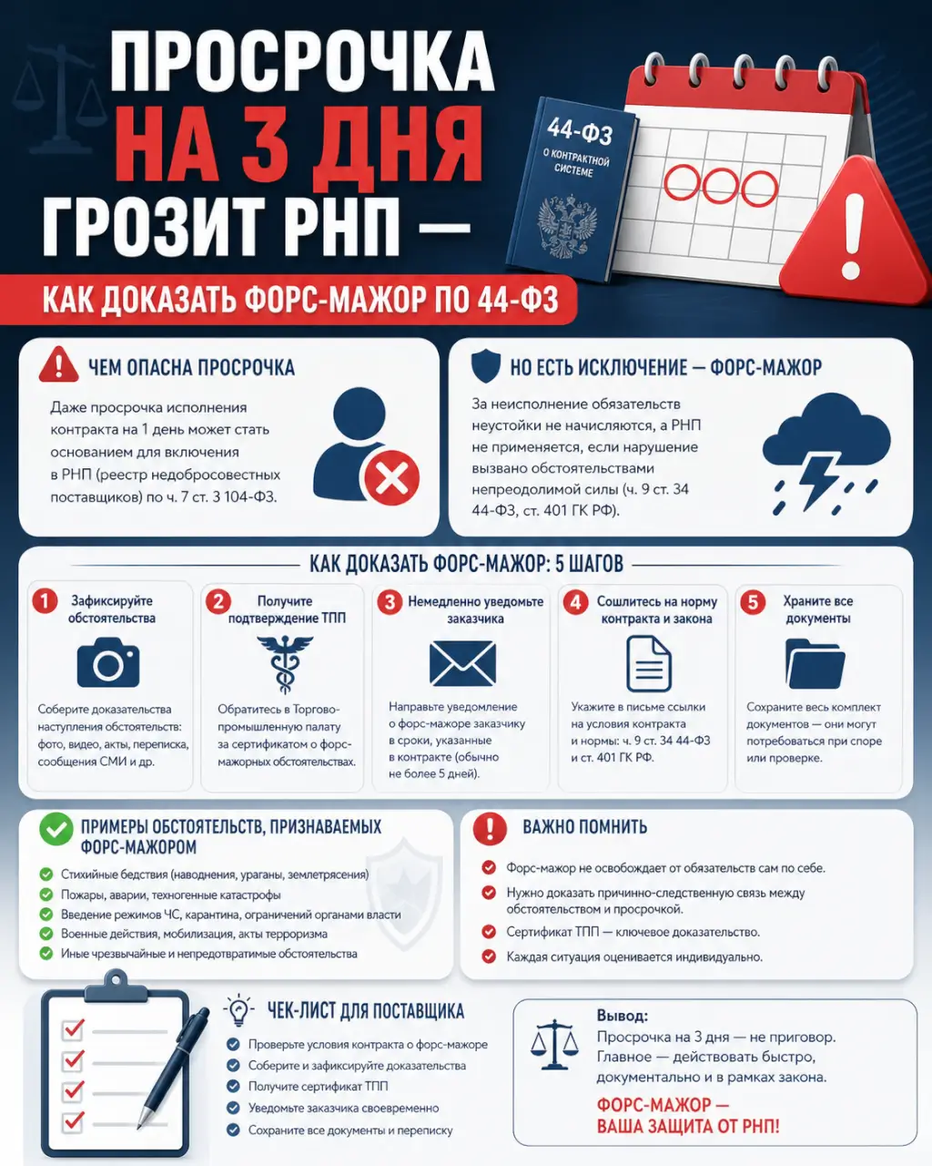 Просрочка на 3 дня грозит РНП — как доказать форс-мажор по 44-ФЗ — фото 1 из 1