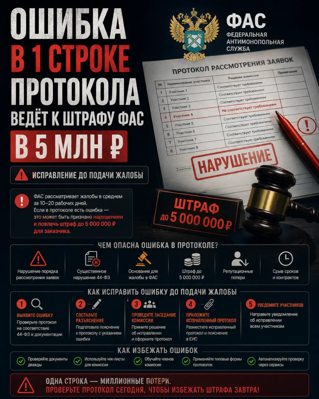 Ошибка в 1 строке протокола ведёт к штрафу ФАС в 5 млн — исправление до подачи жалобы — фото 1 из 1