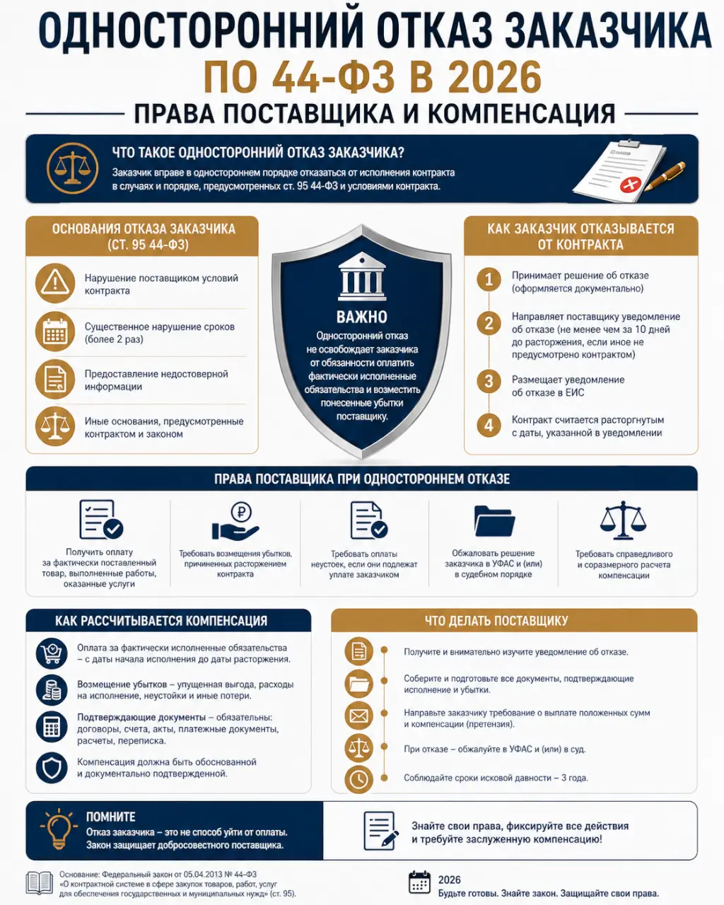 Односторонний отказ заказчика по 44-ФЗ в 2026 — права поставщика и компенсация — фото 1 из 1