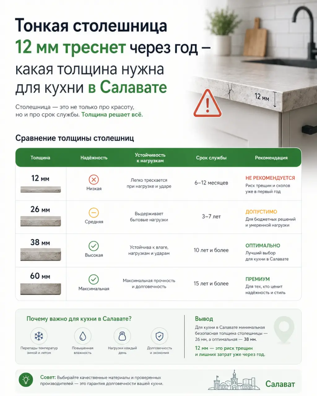 Тонкая столешница 12 мм треснет через год — какая толщина нужна для кухни в Салавате